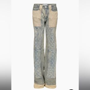 Marine Serre Two-Tone Denim Flare Jeans in Blue and Cream